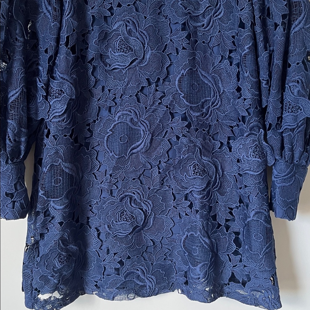 ZARA Guipure Floral Lace Lantern Sleeve Open Back Dress Blue Size Small - Picture 5 of 11